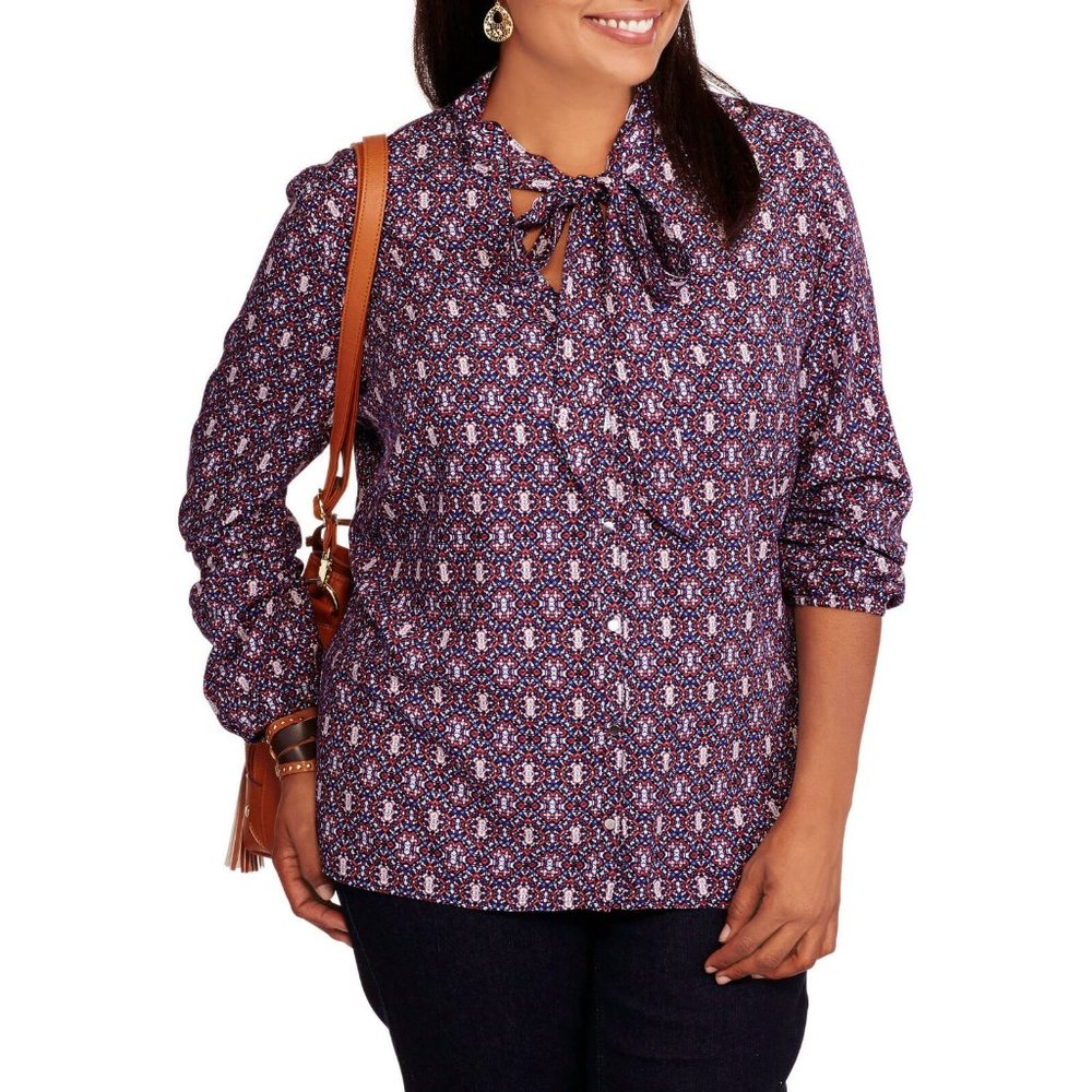 Concepts Ladies Button Down Shirt Tie-Neck Long-Sleeve Vintage Print Plus 4X NWT